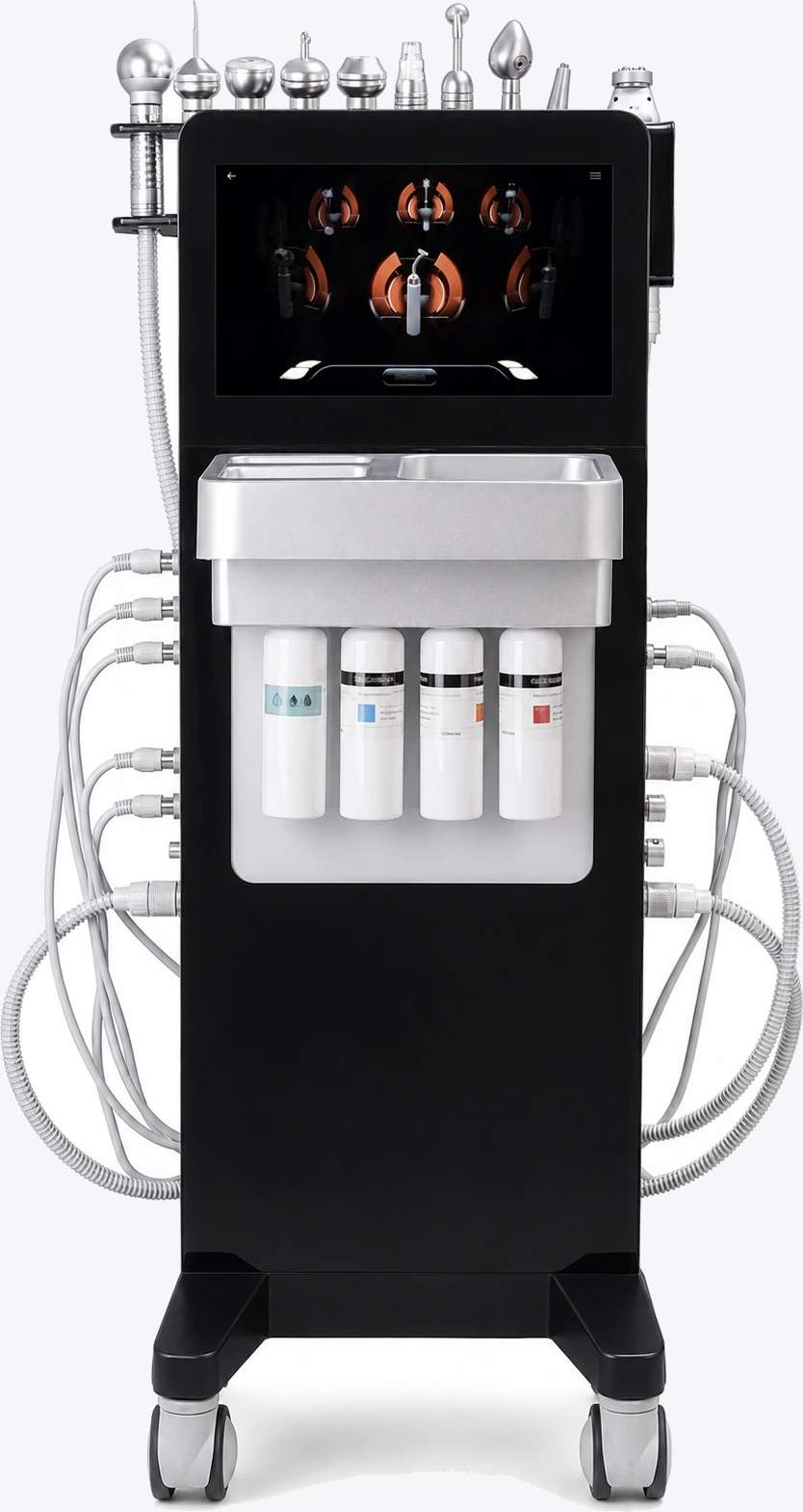 A hydrodermabrasion platform on castors, its handpieces racked across the top