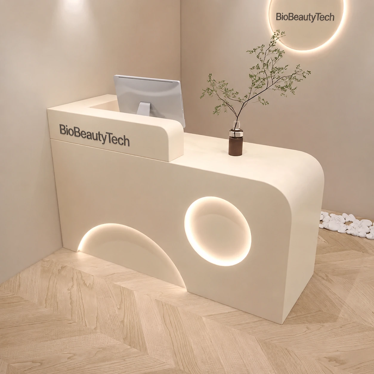 A reception counter in solid oak meeting a cast terrazzo end panel