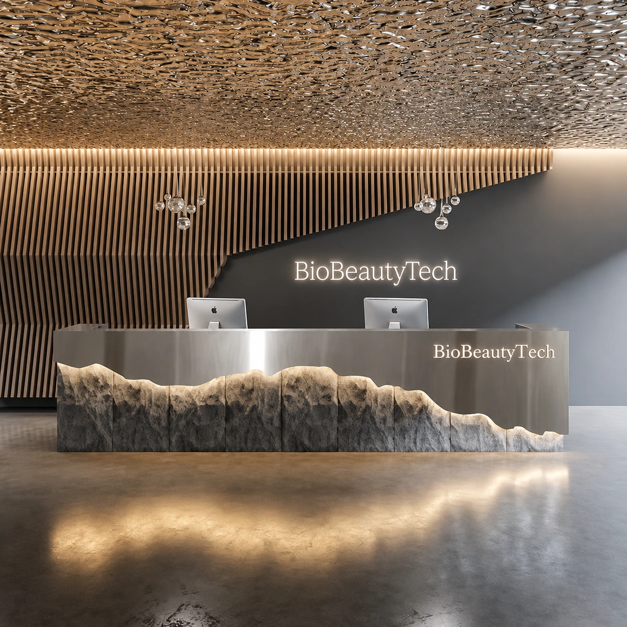 A clinic reception: a sculpted white counter in front of a fluted glass and stone wall