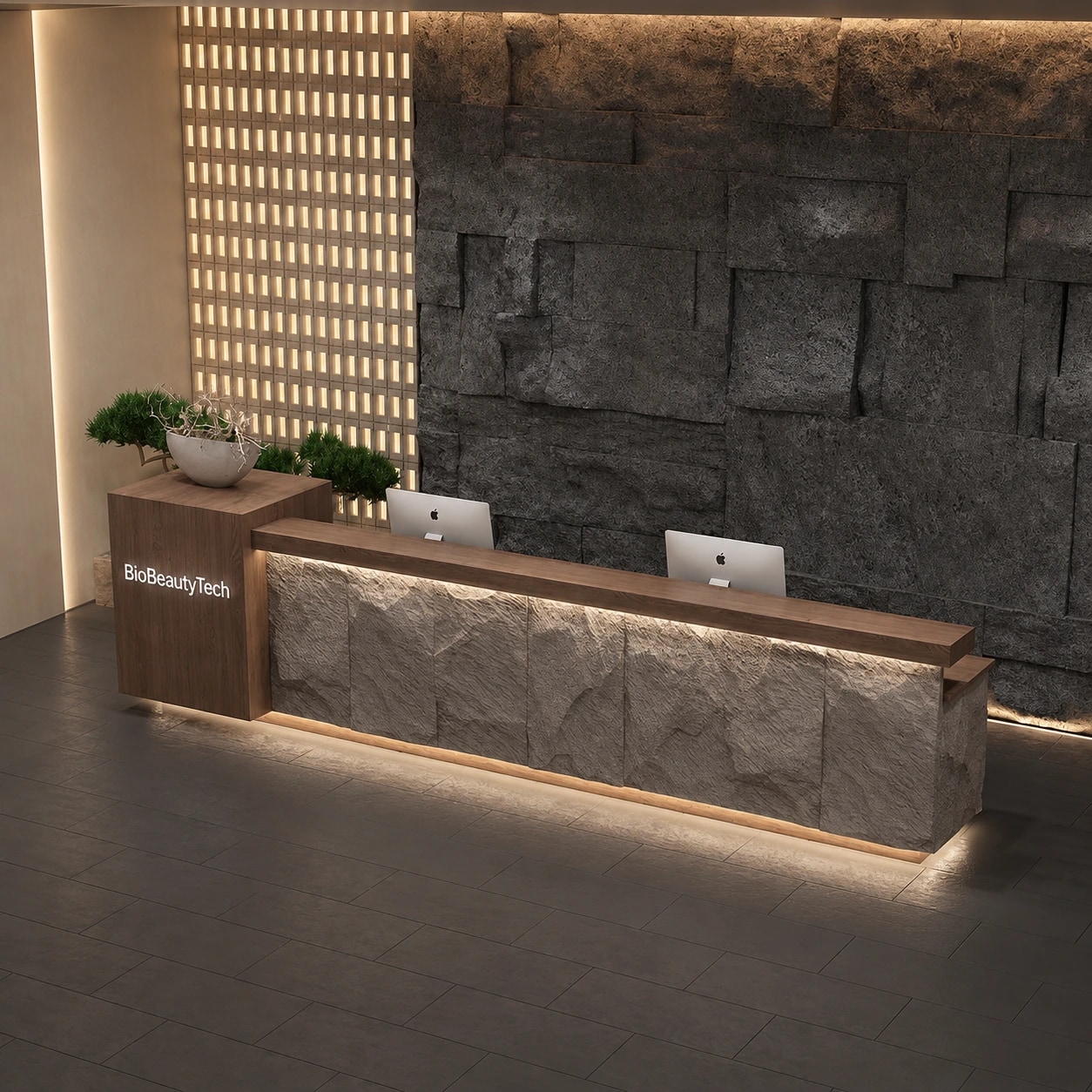 A split-face stone reception counter under a walnut top, lit from beneath, against a dark stacked-stone wall with BioBeautyTech lettering on the end panel