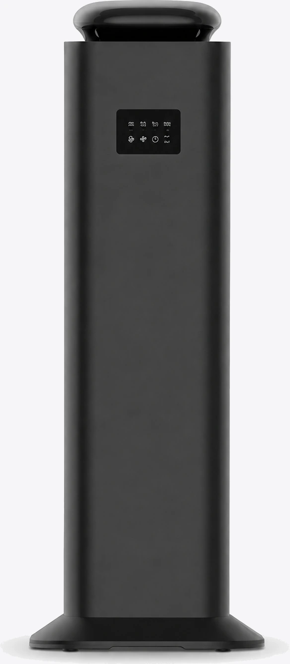 The Metal Tower · Black scent diffuser, a matt black floor column with a touch panel